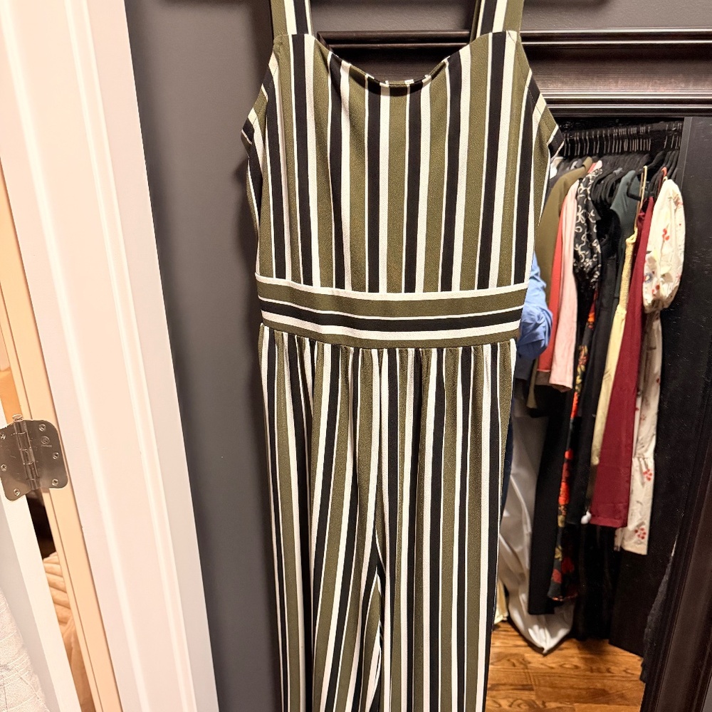 Express Olive Green, Black, and White Stripe Jumpsuit